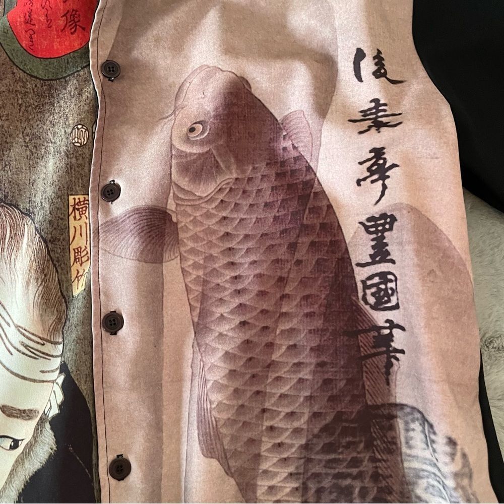 WD Sportswear Vintage 90's Japanese Koi Fish Samurai Short Sleeve Button Down XL - Picture 5 of 12